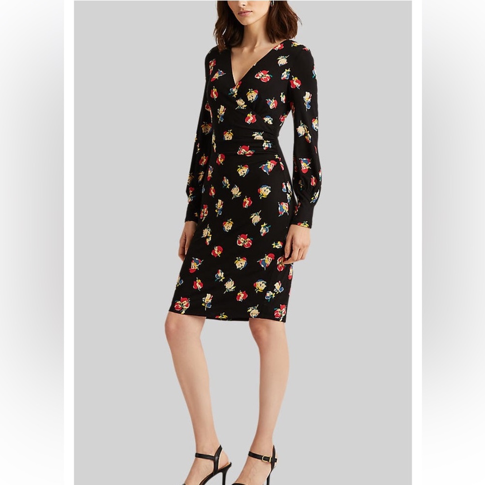 LAUREN RALPH LAUREN Floral Surplice Jersey Dress Long Sleeve Size 10